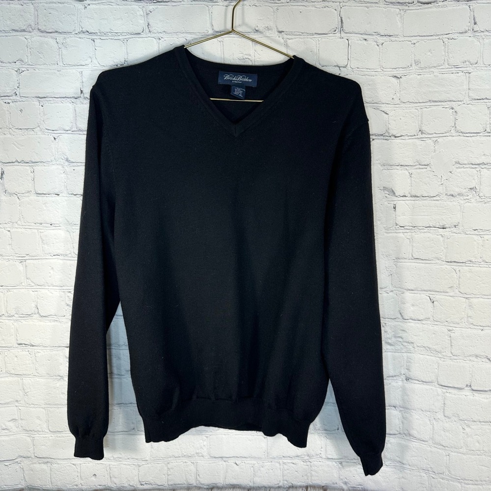 Brooks Brothers Italian Merino Wool Stretch V-Neck Sweater Mens Large Black